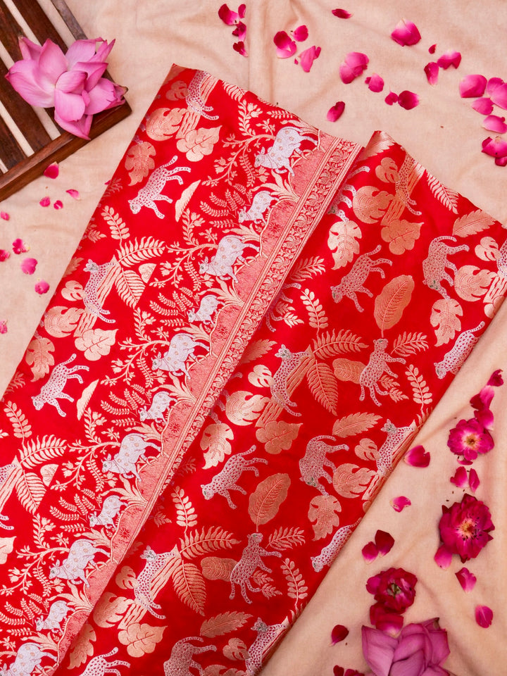 Handloom Red Katan Silk Flora & Fauna Designer Zari Saree