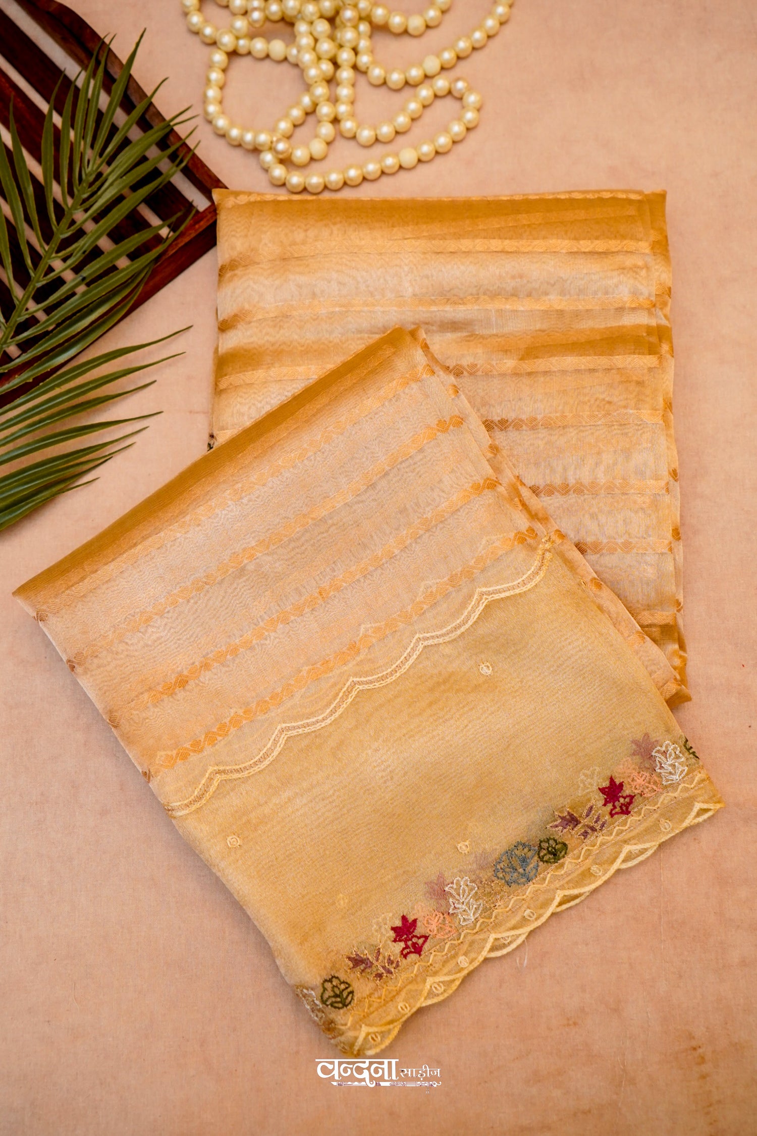 Golden Striped with Multicolored Embroidered Organza Saree