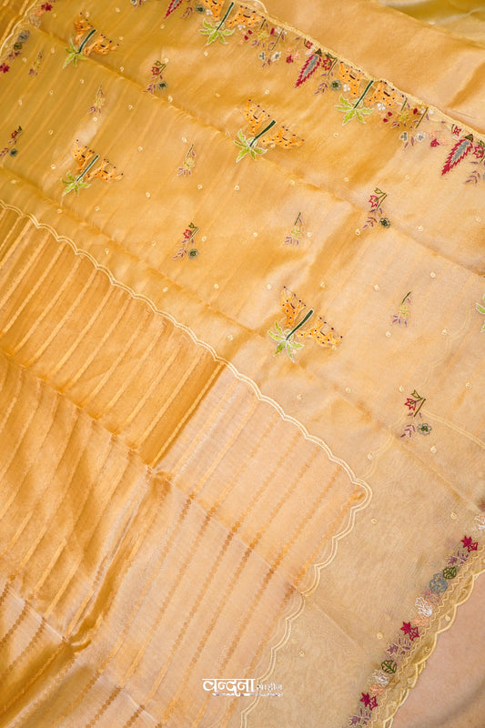 Golden Striped with Multicolored Embroidered Organza Saree